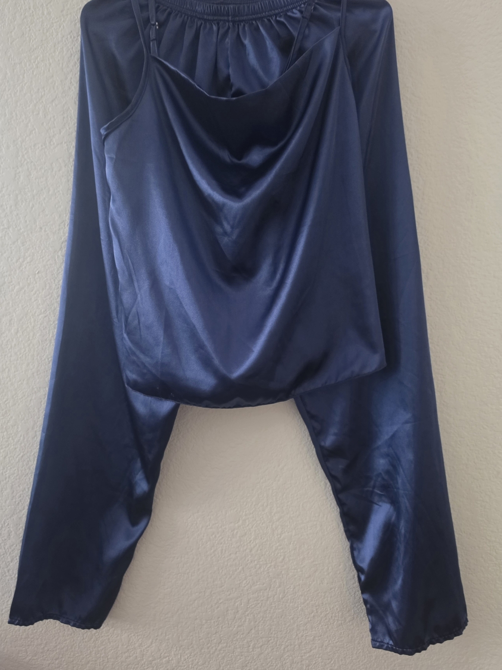 Satin Navy Sleep Set — Cowl Front Camisole & Harem Pants